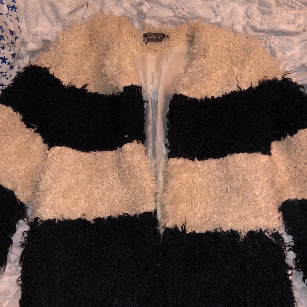 Black and cream faux fur jacket